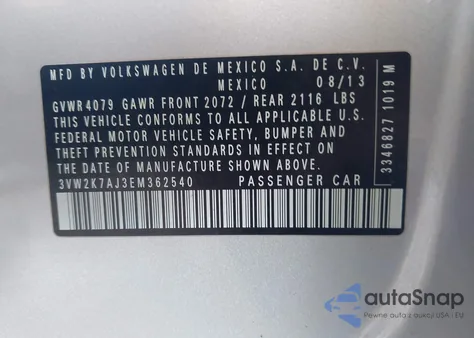 2014 Volkswagen Jetta 2.0L S из США, поврежденный, VIN 3VW2K7AJ3EM362540